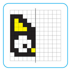 Picture reflection educational game for kids. Learn to complete symmetrical worksheets for preschool activities. Tasks for coloring grid pages, picture mosaics, or pixel art. Finish the black cat.
