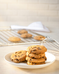 cooked cookies with chocolate in the sun in the morning