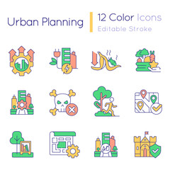 Urban planning RGB color icons set. City development strategy. Sustainable design ideas. Isolated vector illustrations. Simple filled line drawings collection. Quicksand-Light font used