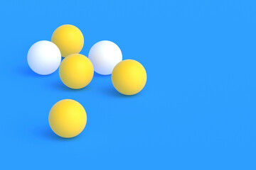 Scattered ping pong balls on blue background. Leisure games. International competitions. Sports Equipment. Table tennis. Copy space. 3d render