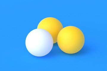Ping pong balls on blue background. Leisure games. International competitions. Sports Equipment. Table tennis. 3d render