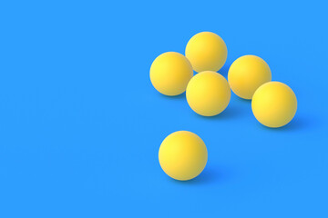 Leisure games. International competitions. Sports Equipment. Table tennis. Scattered ping pong balls on blue background. Copy space. 3d render