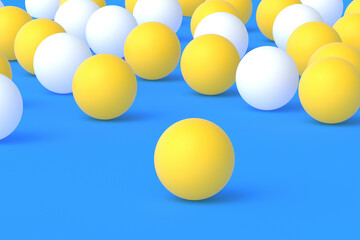 Scattered ping pong balls on blue background. Leisure games. International competitions. Sports Equipment. Table tennis. 3d render