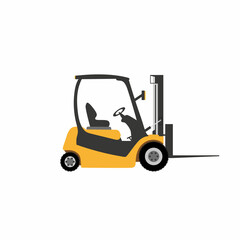 Yellow four wheel electric counterbalance forklift without an operator on a white background. Flat vector illustration on white background