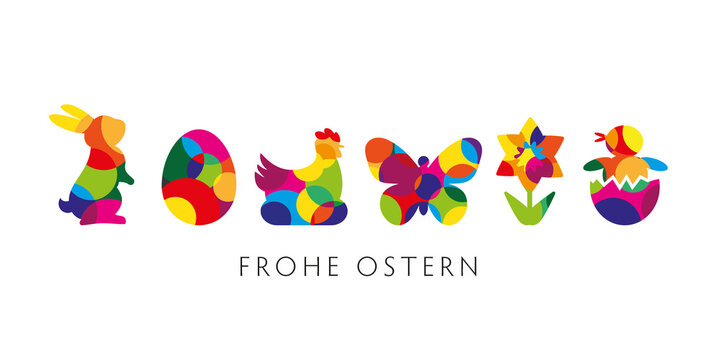Ostergr&uuml;&szlig;e mit bunten dekorativen Ostermotiven auf wei&szlig;em Hintergrund - deutscher Text