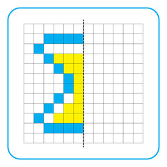 Picture reflection educational game for children. Learn to complete symmetrical worksheets for preschool activities. Coloring grid pages, visual perception and pixel art. Finish the hourglass image.