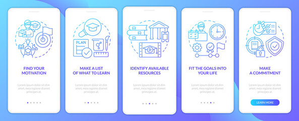 Adopting lifelong learning blue gradient onboarding mobile app screen. Walkthrough 5 steps graphic instructions pages with linear concepts. UI, UX, GUI template. Myriad Pro-Bold, Regular fonts used