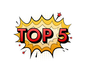 Comic speech bubbles with text top 5. Neon itch icon. Symbol, sticker tag, special offer label, advertising badge. Vector stock illustration