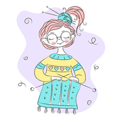 Cute girl with knitting. Vector, isolated .
