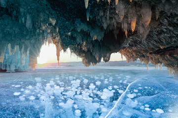 Inside the ice cave - ice cave winter frozen nature background landscape - Lake Baikal, Siberia, Eastern Russia
