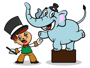 Cartoon illustration of Little magician perform acrobatics with elephant, best for mascot, sticker, logo, and decoration with circus themes for kids
