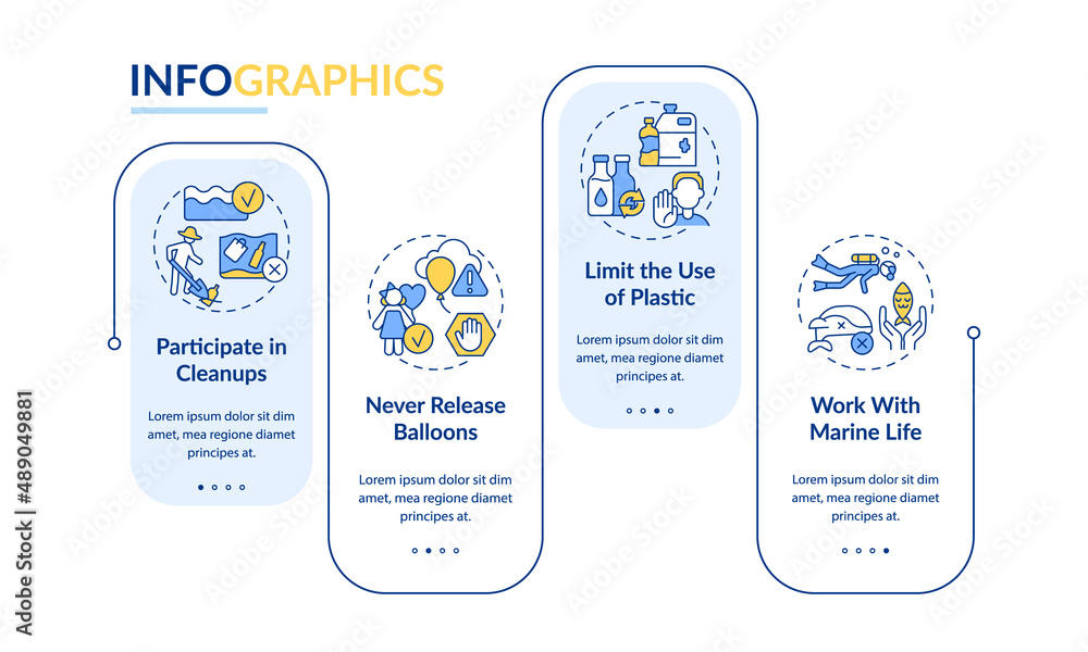 Poster save ocean from pollution rectangle infographic template. limit plastic. data visualization with 4 s