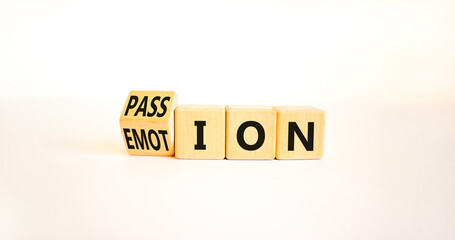 Passion or emotion symbol. Turned wooden cubes and changed the word Emotion to Passion. Beautiful white table, white background, copy space. Business, passion or emotion concept.