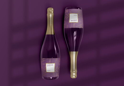 Top View Two Champagne Bottles with Shadow