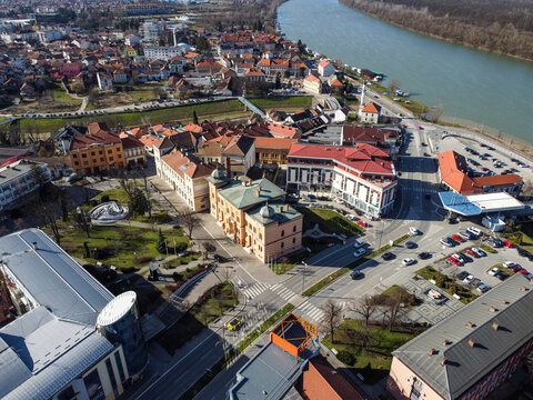 Aerial drone view of Brcko. Brčko is a town in northern Bosnia and Herzegovina. River Sava. Buildings, streets and houses. 