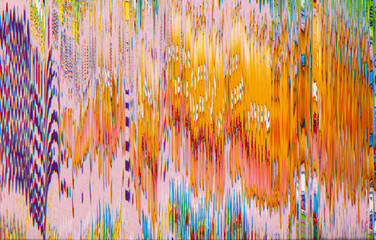 Glitch art. Color noise. Digital distortion. Distressed screen. Orange pink purple artifacts...