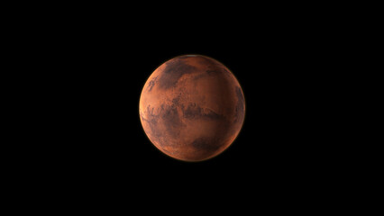 Spinning planet mars on dark .Planet mars sun rise isolate on dark.