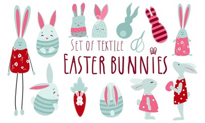 Set of handmade textile decorative cute easter bunnies. Isolated decor elements on a white background. Vector illustration.