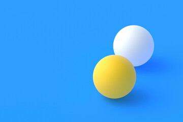 Ping pong balls on blue background. Leisure games. International competitions. Sports Equipment. Table tennis. Copy space. 3d render