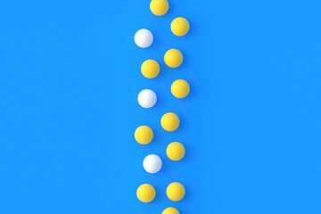 Scattered ping pong balls on blue background. Leisure games. International competitions. Sports Equipment. Table tennis. Top view. Copy space. 3d render