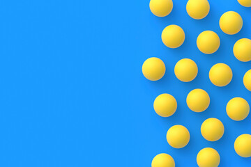 Scattered ping-pong balls on blue background. Leisure games. International competitions. Sports Equipment. Table tennis. Flat lay. Copy space. 3d render