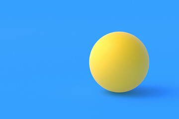 Single ping pong ball on blue background. Leisure games. International competitions. Sports Equipment. Table tennis. Copy space. 3d render - obrazy, fototapety, plakaty