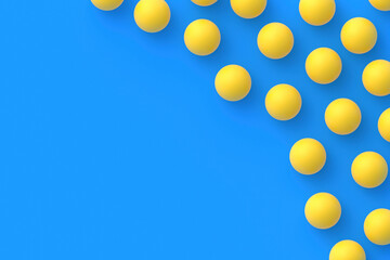 Table tennis. Leisure games. International competitions. Sports Equipment. Scattered ping-pong balls on blue background. Flat lay. Copy space. 3d render