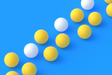 Row of ping pong balls on blue background. Leisure games. International competitions. Sports Equipment. Table tennis. 3d render