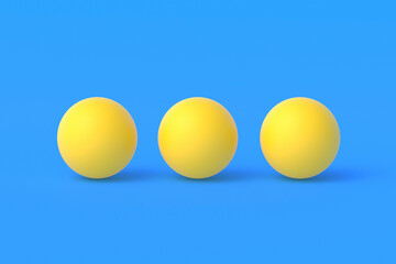 Three ping pong balls on blue background. Leisure games. International competitions. Sports Equipment. Table tennis. 3d render