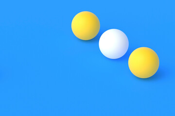 Row of ping pong balls on blue background. Leisure games. International competitions. Sports Equipment. Table tennis. Copy space. 3d render