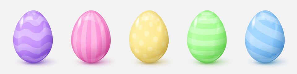 Realistic purple, pink, yellow, green, blue glossy eggs with stripes and dots. Happy Easter poster. Vector illustration for card, party, design, flyer, banner, web, advertising.
