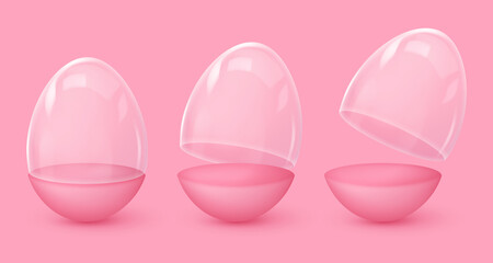 Opened glossy pink eggs, boxes, cases with stand, bottom half, glass dome and label, sticker. Happy Easter poster. Vector illustration for party, design, flyer, banner, web, advertising.