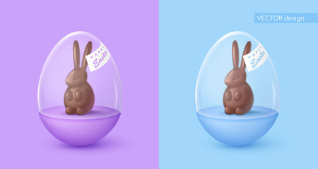 Realistic glossy blue and purple egg with glass dome and chocolate rabbit, bunny, creative box, case. Happy Easter poster. Vector illustration for card, party, design, flyer, banner, web, advertising.