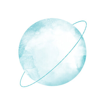 Watercolor illustration - a blue planet with an orbit. Universe element. Space. Perfect for logo, card, print, branding