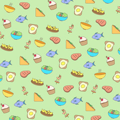  pattern of food line icons on green background