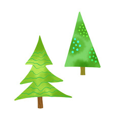 Set with trees watercolor as design element. Abstract Hand drawn digital background. 