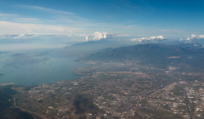 view from the plane window to Greece Athens and the Aegean Sea
