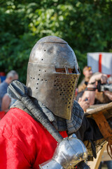 Historical restoration of knightly fights. Summer time medieval festival .Festival of medieval culture in the old fortress with knightly battles.