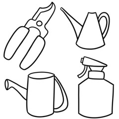 Monochrome illustration. A set of decorative gardening tools in summer and spring, repair tools, small pictures