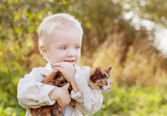 little boy holding kitten on sunny summer day