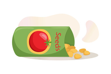 Bright package with tomato seeds. Scattered plant seeds. Agriculture, gardening. Cultivation of garden plants. Growing vegetables. Vector illustration for poster, banner, cover, card