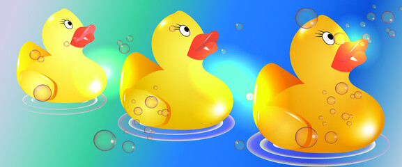 A family of rubber ducks on a bright background with bubbles  Background. Side view 
