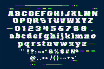 Set of letters, numbers and punctuation in glitch style. Modern pixel font.