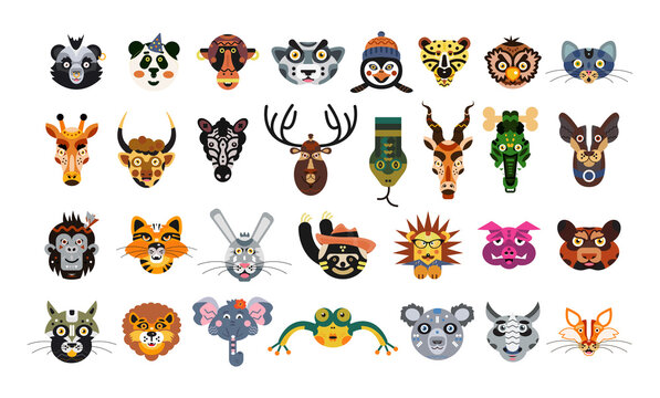 Collection of muzzles of wild animals in an unusual style. Geometric animal avatars.