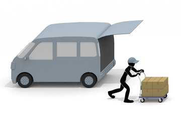 Delivery truck. Transportation cars and people. Place your luggage on the trolley. Carry luggage by car. The person who delivers the package.