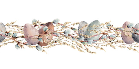 Seamless border on a white background of willow twigs, yellow mimosa flowers and easter eggs in blue, pink and brown. Painted by hand in watercolor. For Easter cards, packaging, holiday decoration.