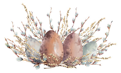 Composition of willow twigs, yellow spring flowers and colorful Easter eggs. Hand drawn in watercolor on a white background. For Easter cards and holiday design.