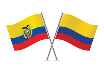 Ecuador and Colombia crossed flags. Ecuadoran and Colombian flags, isolated on white background. Vector icon set. Vector illustration.