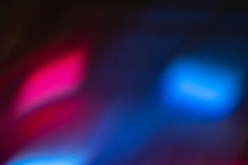 Blur neon light. Lens flare overlay. Bokeh fluorescent flash gleam. Defocused blue magenta pink...
