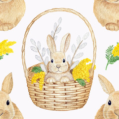 Watercolor seamless pattern with a cute rabbit in a basket. Easter pattern with willow and mimosa
